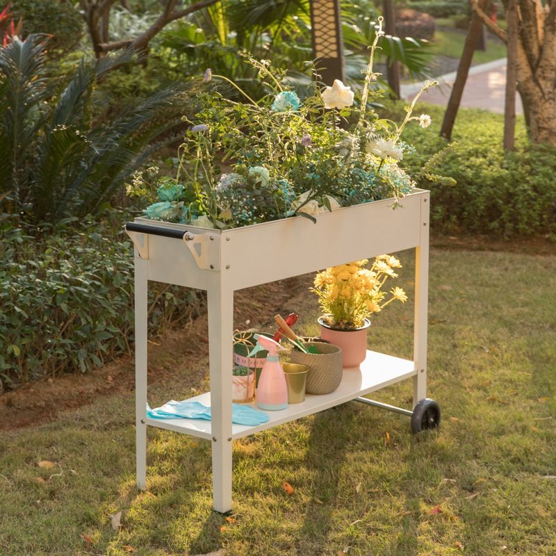 Gardenised Mobile Planter Raised Garden Bed Rectangular Flower Cart with Shelf, 4 of 12