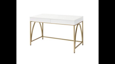 Executive White Gloss & Gold Wood Desk with Drawers & Keyboard Tray