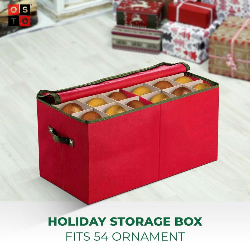OSTO Christmas Ornament Storage Box Stores Up to 54 Holiday Ornaments of 4” Non-Woven Fabric with Carry handles, 2-way zipper, and Card Slot, 2 of 5