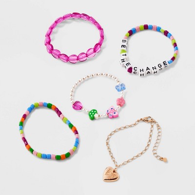 Girls' 5pk Mixed Bracelet Set With Stone And Heart Charms - Art