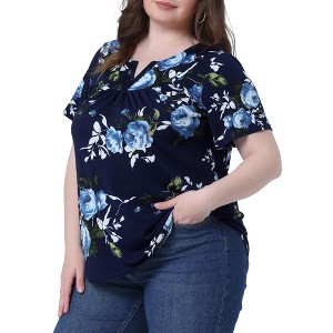 Agnes Orinda Women's Plus Size Floral Print Smocked Short Sleeve Retro Casual Blouses - 1 of 4