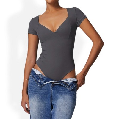 Anna-Kaci Women's Short Sleeve Sweetheart Neckline Bodysuit with Slim Fit and Stretch Fabric