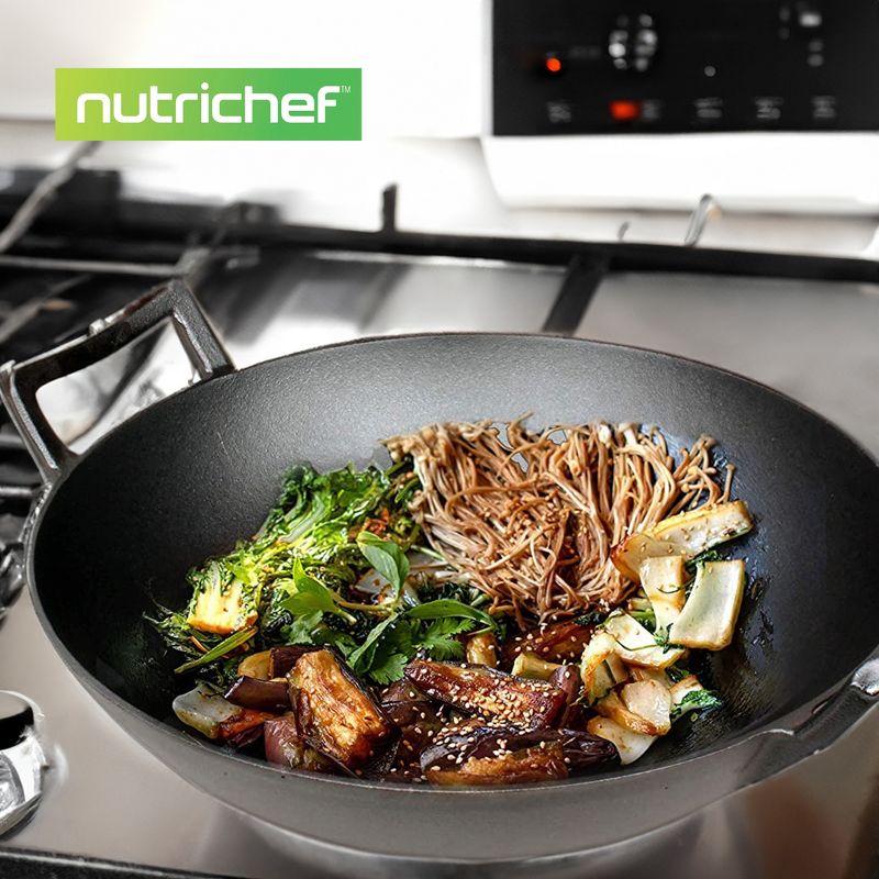 NutriChef Pre Seasoned Nonstick Cooking Wok Cast Iron Kitchen Stir Fry Pan with Wooden Lid for Gas, Electric, Ceramic, & Induction Countertops, Black, 6 of 8