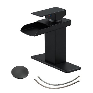 BWE Waterfall Single Hole Single-Handle Low-Arc Bathroom Faucet With Drain Assembly in Matte Black - 1 of 4
