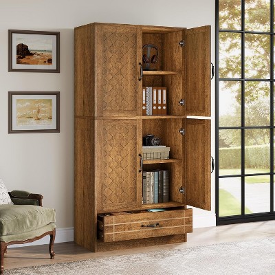 Tall Brown MDF Bookcase with Diamond Carved Cabinet and Drawer