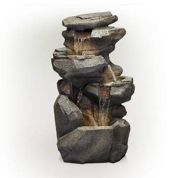 40" Resin Rock 5-Tier Cascading Fountain with LED Lights Gray - Alpine Corporation