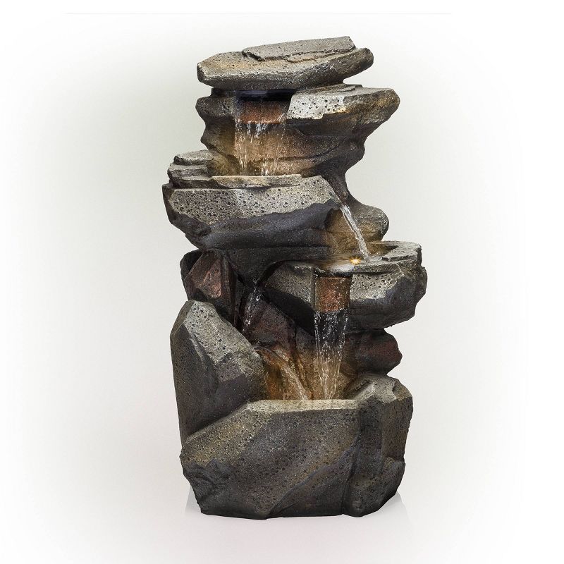 40&#34; Resin Rock 5-Tier Cascading Fountain with LED Lights Gray - Alpine Corporation, 1 of 8