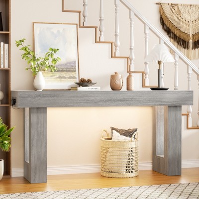Aheaplus 63'' Farmhouse Console Table with Power Outlets and Light, Wood Narrow Entryway Table