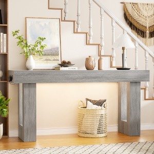 Aheaplus 63'' Farmhouse Console Table with Power Outlets and Light, Wood Narrow Entryway Table - 1 of 4