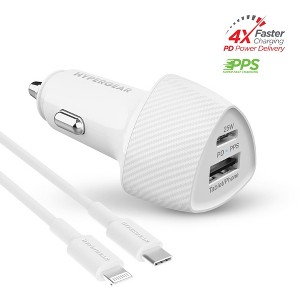 HyperGear SpeedBoost 25W USB-C PD + 12W USB Fast Car Charger with PPS | 4' MFi Lightning Cable | White - 1 of 4