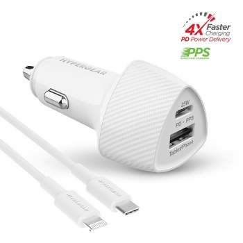 HyperGear SpeedBoost 25W USB-C PD + 12W USB Fast Car Charger with PPS | 4' MFi Lightning Cable | White