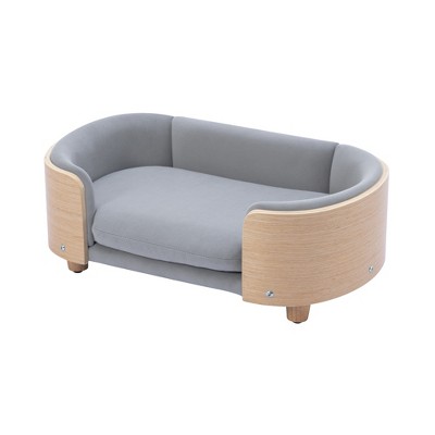 Lirago 26.38" W x 16.14" D x 9.84" H Elevated Dog Bed Pet Sofa Solid Wood Legs Velvet Cushion with Removable Bolster Washable Small Size Light Gray