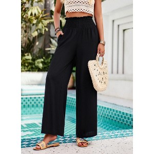 Women's Casual Flowy Pleated Loose Wide Leg Pants Lightweight High Elastic Pleated Waist Trouser with Pockets - 1 of 4