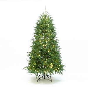 LuxenHome 7Ft Pre-Lit Green Full Artificial Cedar Christmas Tree with Metal Stand - 1 of 4
