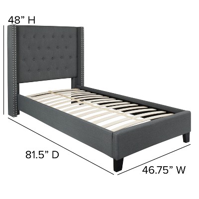 Dark Gray Twin Upholstered Platform Bed with Nailhead Trim