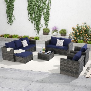 6-Piece Patio Conversation Set: All-Weather Wicker Sofa + Pillows & Tempered Glass Table - 1 of 4