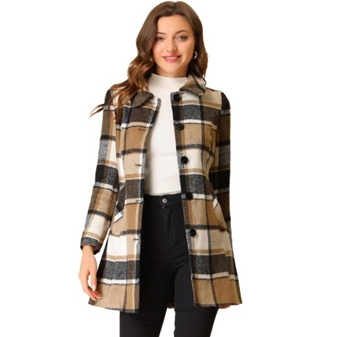 Allegra K Women's Checks Winter Peter Pan Collar Long Plaid Coat Brown X-Small
