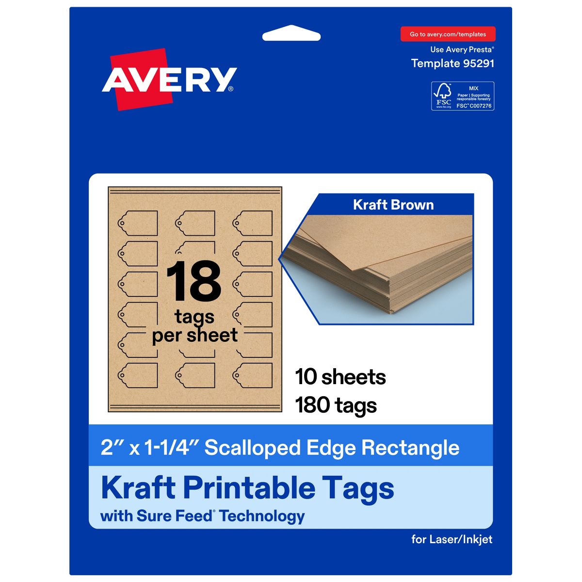 2" x 1-1/4" Rectangle Scalloped Edge, Kraft Brown Printable Tags