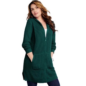 Roaman's Women's Plus Size Mega Length Waffle Zip Hoodie - 1 of 4