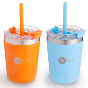 PopYum 9oz Insulated Stainless Steel Kids’ Cups with Lid and Straw, 2-Pack, Orange & Blue, stackable, sippy, baby, child, toddler, tumbler - 1 of 4