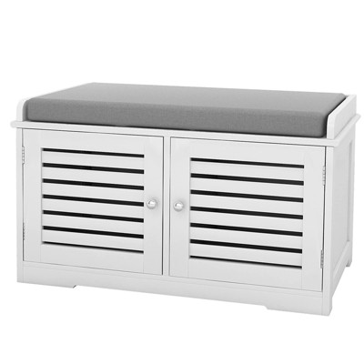GlasFlength Modern Shoe Storage Bench with Padded Seat and 2 Cubbies for Doorways, White, 27.76"*13.78"*16.93"