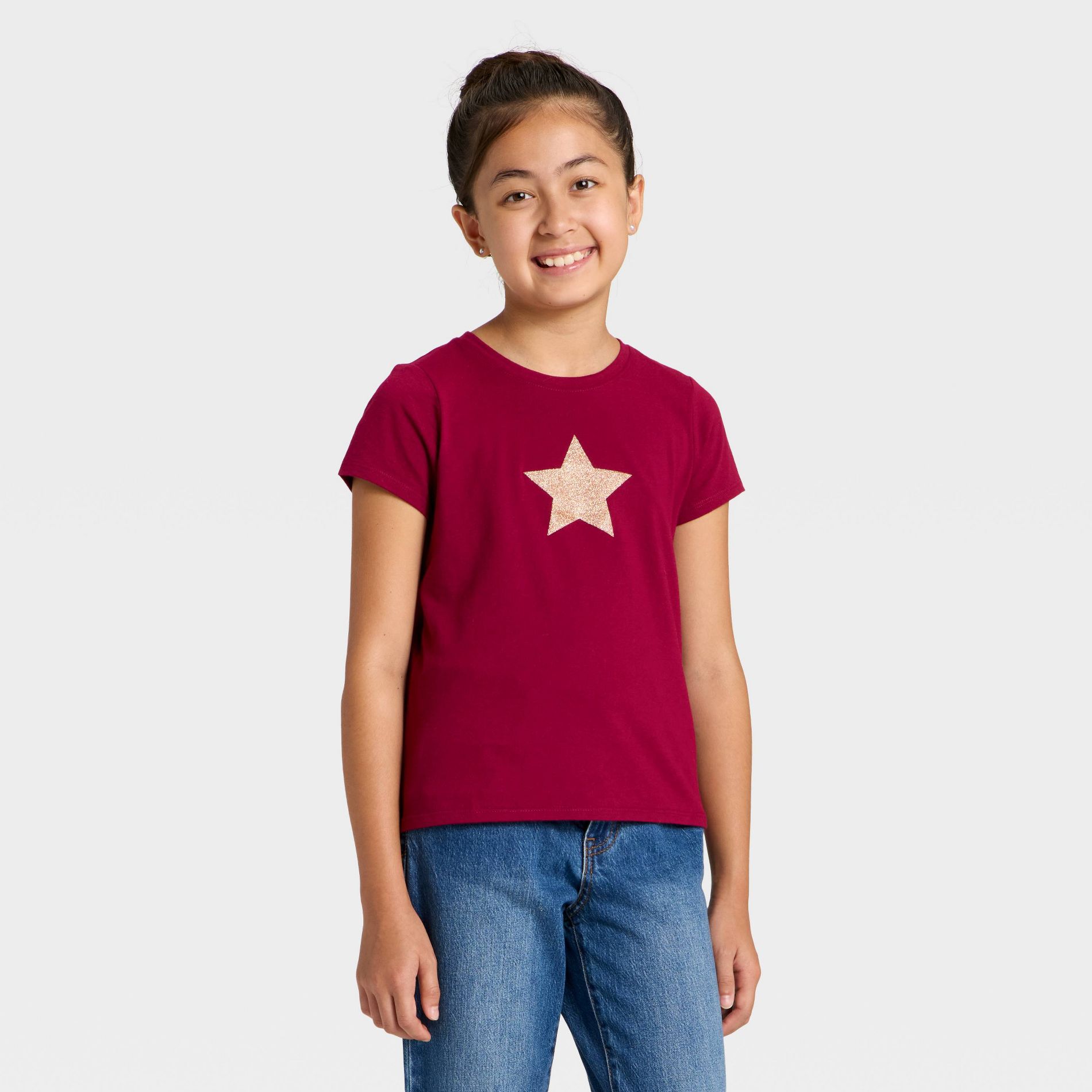 Girls' Short Sleeve 'Glitter Star' Graphic T-Shirt - Cat & Jack™ Dark Red