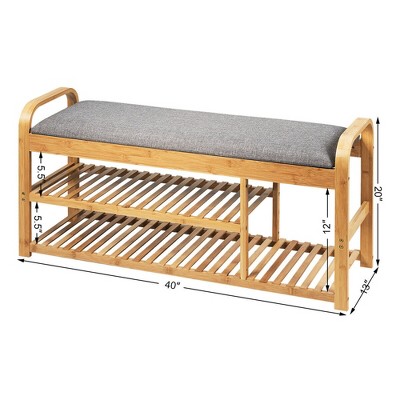 Natural Bamboo 3-Tier Shoe Bench with Gray Cushion
