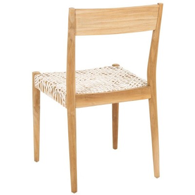 Set of 2 White Woven Leather and Teak Dining Chairs