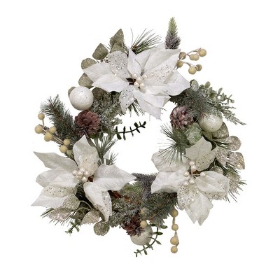 Kurt Adler 20-Inch White Poinsettia Wreath with Pinecones