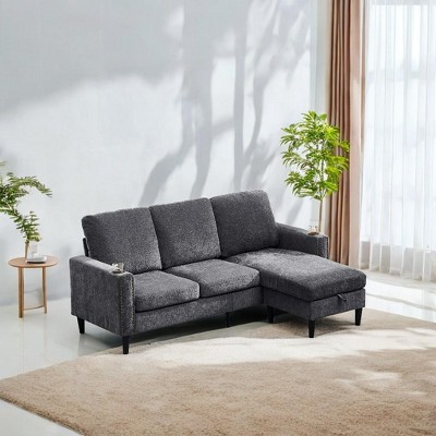 Modern Design Chenille 3 Seat L-Shape Sectional Sofa with Storage Chaise for Apartment