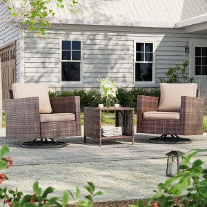 Sonkuki 3-Piece Patio Chair Set Brown Rattan Swivel Rocking Chair Set Coffee Table Suiting Backyard - 1 of 4