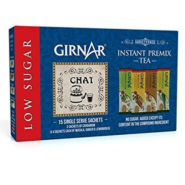 Girnar Instant Tea Premix Low Sugar Variety Pack, 15 Sachets.