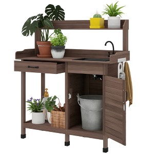 Outsunny Garden Potting Bench Table with Sink, Lockable Storage Cabinet and Open Shelf, Outdoor Planting Workstation with Steel Tabletop - 1 of 4