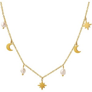 Clotth Nordic-Inspired Star Moon and Pearl Chain Necklace for Women - 16" Stainless Steel European and American INS Style Versatile Choker - 1 of 4
