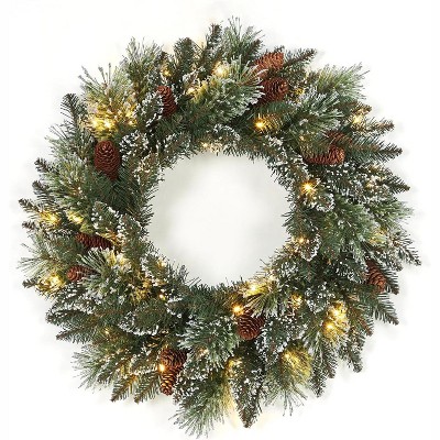 Pre-Lit Frosted Christmas Wreath Set of 6, Christmas Decoration with Pine Cones, Holly Berries