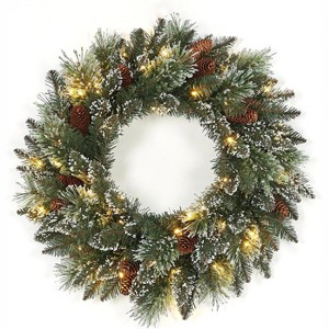Pre-Lit Frosted Christmas Wreath Set of 6, Christmas Decoration with Pine Cones, Holly Berries - 1 of 4
