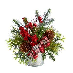 Nearly Natural 12-in Holiday Winter Pinecones, Berries, Greenery and Plaid Bow Artificial Christmas Table Arrangement - 1 of 4