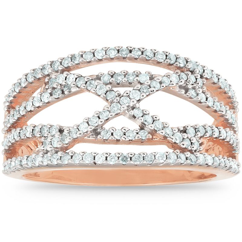 Pompeii3 1/2 Ct Diamond Multi Row Crossover Right Hand Cocktail Ring 10k Rose Gold, 1 of 5