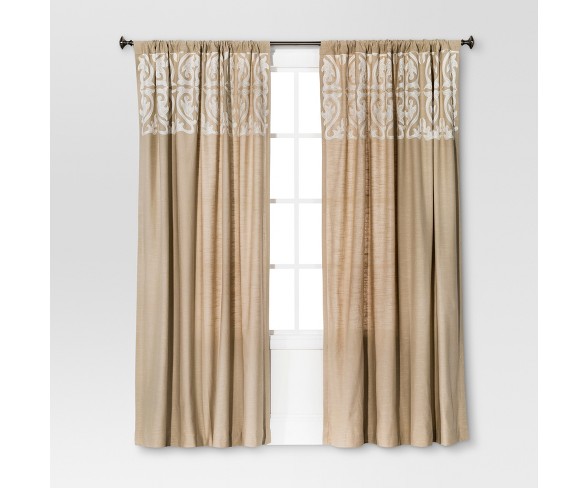 Naturals Scroll Embroidery Curtain Panel Brown Linen/Sour Cream (54"X84") - Threshold&#153;
