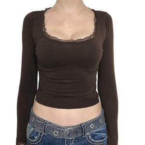 Women's Lace Trim Square Neck Long Sleeve T-Shirt Slim Fit Crop Tops - 1 of 3