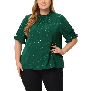 Agnes Orinda Women's Plus Size Glitter Pleated Keyhole Back Star Print Puff Sleeve Blouses - 1 of 4