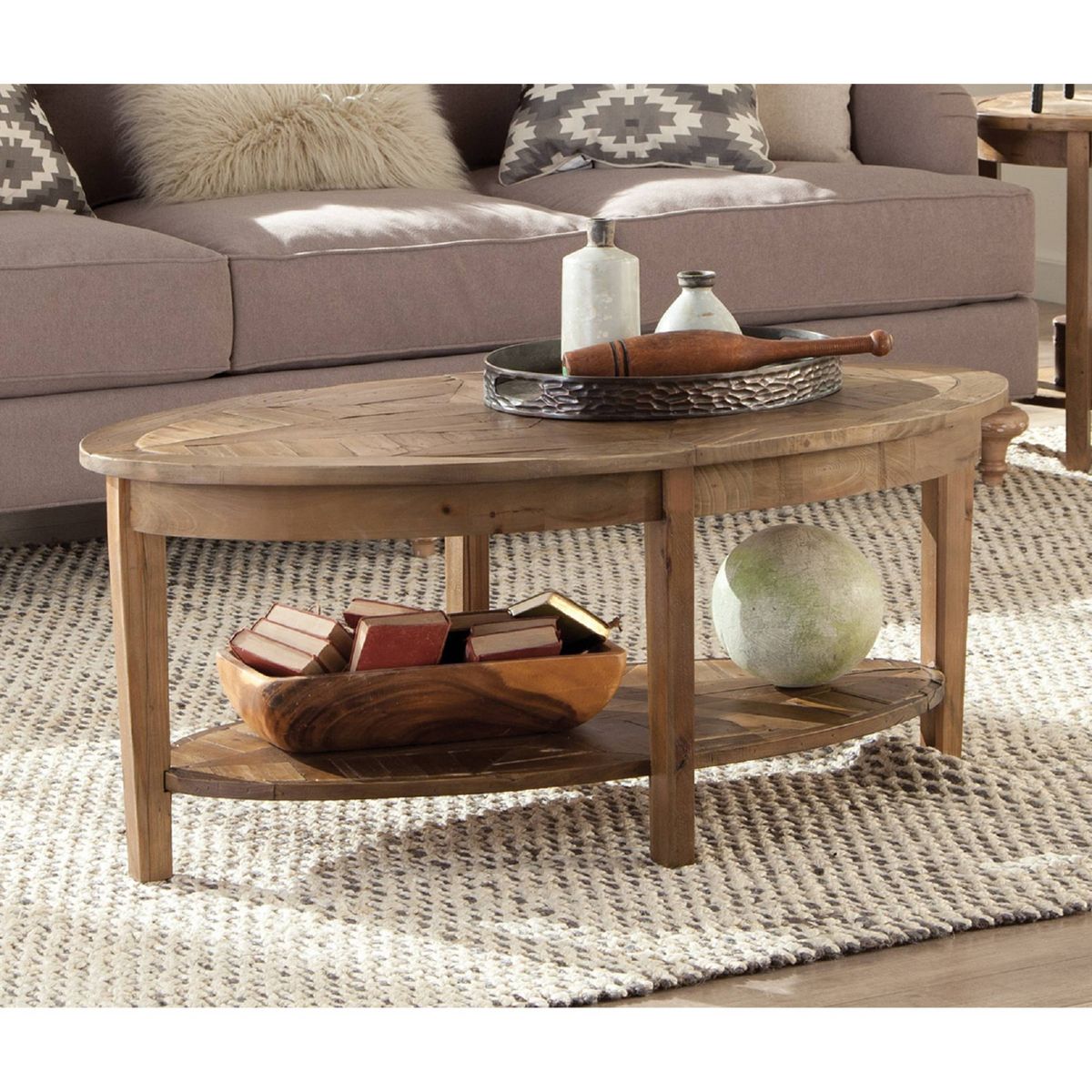 Alaterre Revive 48-inch Oval Coffee Table with Storage Shelf for Living Room Décor, Natural - thumbnail 4