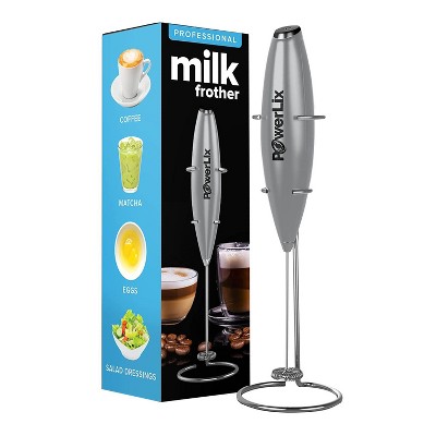 PowerLix Milk Frother Handheld Battery Operated Electric Whisk Foam Maker For Coffee With Stainless Steel Stand Included