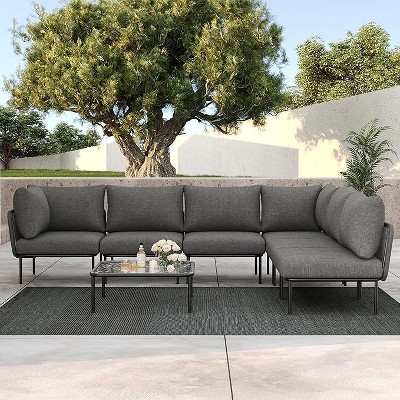 LayinSun 7 Pieces Rope Woven Patio Furniture Set, Modern Modular Sectional Sofa with Coffee Table and Upgrade Thickness Cushion