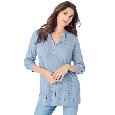 Roaman's Women's Plus Size Pointelle Henley Sweater