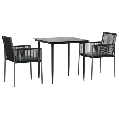 vidaXL 3 Piece Patio Dining Set - Poly Rattan and Steel Construction - Black with Comfortable Armrest Chairs and a Tempered Glass Tabletop