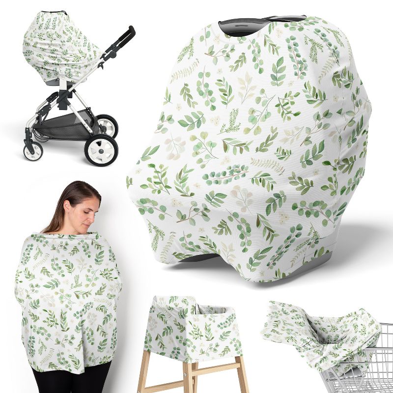 Sweet Jojo Designs Gender Neutral 5-in-1 Multi Use Baby Nursing Cover Botanical Leaf Green and White, 1 of 5