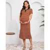 Maternity Dress Summer Collared V Neck Short Sleeve Striped Knit Button Side Slit Bodycon photoshoot Midi Dress - 4 of 4