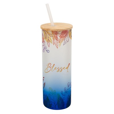 Elanze Designs Blessed Pastel Watercolor Autumn Leaves Wrap-Around Design 25 Ounce Frosted Gradient Glass On-The-Go Coffee Travel Skinny Tumbler Mug