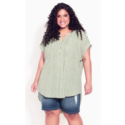 Avenue Women's Plus Size Button Pleat Print Top